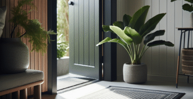 Nærbilde av et elegant inngangsparti med en stilren dørmatte, naturlig lys, nordisk interiørstil og grønne planter, høy oppløsning
